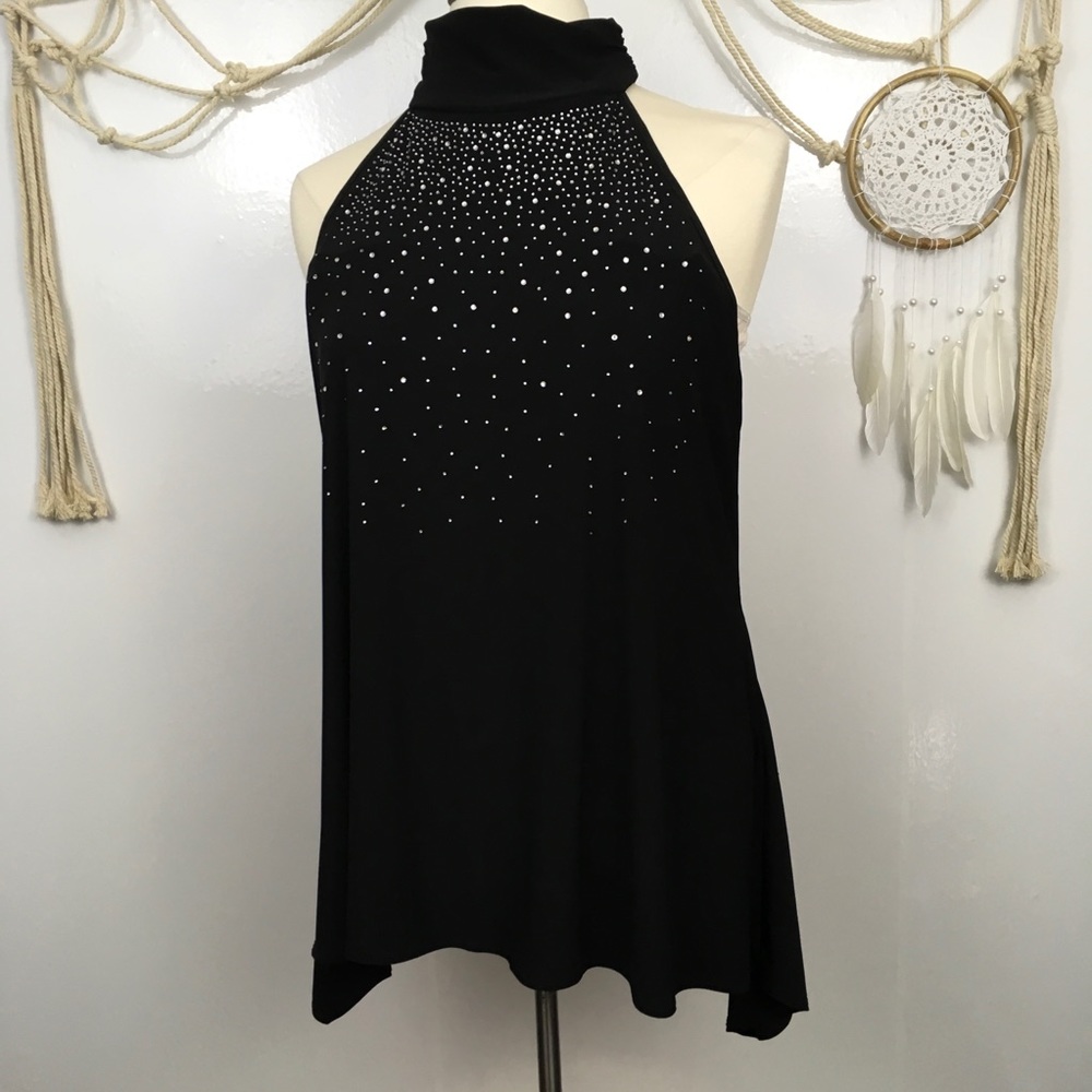Black high mock neck sparkling dressy tank top L